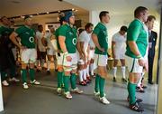 20 August 2011; Ireland's Stephen Ferris, Jamie Heaslip, Sean O'Brien, Jonathan Sexton and Mike Ross walk out before the game. Rugby World Cup Warm-up game, Ireland v France, Aviva Stadium, Lansdowne Road, Dublin. Picture credit: Brendan Moran / SPORTSFILE