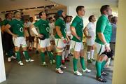 20 August 2011; Ireland's Stephen Ferris, Jamie Heaslip, Shane Jennings, Sean O'Brien, Jonathan Sexton and Mike Ross walk out before the game. Rugby World Cup Warm-up game, Ireland v France, Aviva Stadium, Lansdowne Road, Dublin. Picture credit: Brendan Moran / SPORTSFILE