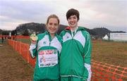 11 December 2011; Fionnuala Britton, Ireland, celebrates with her gold medal, with sister Una, who competed in the U23 Women's event, after winning the Senior Women's event at the 18th SPAR European Cross Country Championships 2011. Velenje, Slovenia. Picture credit: Stephen McCarthy / SPORTSFILE