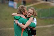 11 December 2011; Fionnuala Britton, Ireland, celebrates with team manager Anne Keenan Buckley after winning the Senior Women's event at the 18th SPAR European Cross Country Championships 2011. Velenje, Slovenia. Picture credit: Stephen McCarthy / SPORTSFILE