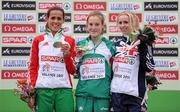 11 December 2011; Fionnuala Britton, Ireland, after being presented with her gold medal following her victory in the Senior Women's event, alongside second place Dulce Felix, Portugal, left, and third place Gemma Steel, Great Britain, right, at the 18th SPAR European Cross Country Championships 2011. Velenje, Slovenia. Picture credit: Stephen McCarthy / SPORTSFILE