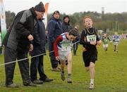 11 December 2011; Conor Clarke, Kilkenny, wins the Boy's U11 race on the line ahead of second placed Shane Jennings, Galway, right, during the Woodie’s DIY Novice and Juvenile Cross Country Championships. Curragh Camp, The Curragh, Co. Kildare. Picture credit: Pat Murphy / SPORTSFILE