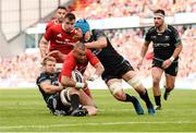 20 May 2017; Simon Zebo of Munster is tackled by Olly Cracknell, left, and Justin Tipuric of Ospreys during the Guinness PRO12 semi-final between Munster and Ospreys at Thomond Park in Limerick. Photo by Diarmuid Greene/Sportsfile