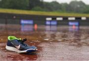 27 May 2017; A general view of a rainsoaked trainer on the track after the event is postponed due to heavy rainfall during Day 1 of the Irish Life Health National Combined Event Championships at Morton Stadium in Santry, Co Dublin. Photo by Eóin Noonan/Sportsfile