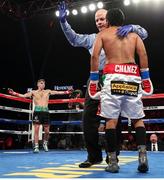 26 May 2017; Michael Conlan celebrates as the fight is called to an end during his bout against Alfredo Chanez at the UIC Pavilion in Chicago, USA. Photo by Mikey Williams/Top Rank/Sportsfile