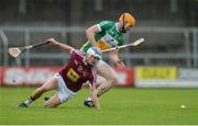 27 May 2017; Seán Gardiner of Offaly in action against Joey Boyle of Westmeath during the Leinster GAA Hurling Senior Championship Quarter-Final match between Westmeath and Offaly at TEG Cusack Park in Mullingar, Co Westmeath. Photo by Piaras Ó Mídheach/Sportsfile