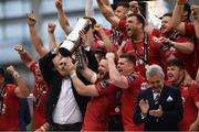 27 May 2017; Scarlets captain John Barclay lifts the trophy following their victory the Guinness PRO12 Final between Munster and Scarlets at the Aviva Stadium in Dublin. Photo by Ramsey Cardy/Sportsfile