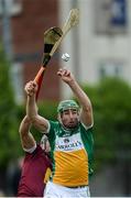 27 May 2017; Joe Bergin of Offaly in action against Paul Greville of Westmeath during the Leinster GAA Hurling Senior Championship Quarter-Final match between Westmeath and Offaly at TEG Cusack Park in Mullingar, Co Westmeath. Photo by Piaras Ó Mídheach/Sportsfile