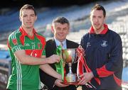 13 December 2011; John Gaffney, Garrycastle captain, left, and Barry Cahill, St. Brigid's, right, with Martin Skelly, Chairman of the Leinster Council, and the Sean McCabe Cup at a photocall ahead of the AIB Leinster GAA Football Senior Club Championship Final, St Brigid's, Dublin v Garrycastle, Westmeath, on Sunday. AIB Leinster GAA Football Senior Club Championship Final Photocall, Croke Park, Dublin. Picture credit: Pat Murphy / SPORTSFILE