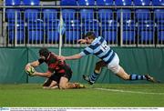 13 December 2011; Shane Delahunt, Kilkenny College, scores his side's first try despite the efforts of Eoighain Quinn, Castleknock College. Leinster Schools Senior League Final, Kilkenny College, Kilkenny v Castleknock College, Dublin, Donnybrook Stadium, Donnybrook, Dublin. Picture credit: Barry Cregg / SPORTSFILE