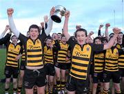 14 December 2011; St. Patrick’s Classical School Navan captains Ronan Scott, left, and Conor Farrell lift the Duff Cup as their team-mates celebrate. Duff Cup Final, St. Finian’s College v St. Patrick’s Classical School Navan, NUI Maynooth, Maynooth, Co. Kildare. Picture credit: Matt Browne / SPORTSFILE