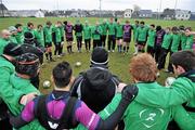 15 December 2011; Connacht head coach Eric Elwood speaks to his players before squad training ahead of their Heineken Cup, Pool 6, Round 4, match against Gloucester on Saturday. Connacht Rugby Squad Training, Sportsground, Galway. Picture credit: Diarmuid Greene / SPORTSFILE