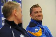 15 December 2011; Leinster's Jamie Heaslip and head coach Joe Schmidt during a press conference ahead of their Heineken Cup, Pool 3, Round 4, match against Bath on Saturday. Leinster Rugby Squad Press Conference, David Lloyd Riverview, Clonskeagh, Dublin. Picture credit: Matt Browne / SPORTSFILE