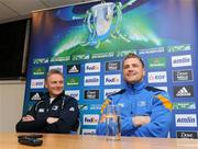 15 December 2011; Leinster's Jamie Heaslip, right, and head coach Joe Schmidt during a press conference ahead of their Heineken Cup, Pool 3, Round 4, match against Bath on Saturday. Leinster Rugby Squad Press Conference, David Lloyd Riverview, Clonskeagh, Dublin. Picture credit: Matt Browne / SPORTSFILE