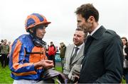 27 May 2017; Jockey Ryan Moore in conversation with Paul Smith after winning the Tattersalls Irish 2,000 Guineas on Churchill at Tattersalls Irish Guineas Festival at The Curragh, Co Kildare. Photo by Cody Glenn/Sportsfile