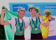 28 May 2017; Gary O'Donovan, left, and Paul O'Donovan of Ireland celebrate with their silver medals after they finished second in the Lightweight Men's Double Sculls Final during the European Rowing Championships at Racice in the Czech Republic. Photo by Sportsfile