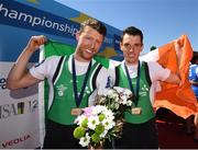 28 May 2017; Mark O'Donovan, left, and Shane O'Driscoll celebrate with their gold medals after they won the Lightweight Men's Pair Final during the European Rowing Championships at Racice in the Czech Republic. Photo by Sportsfile