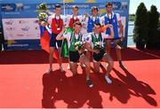 28 May 2017; Mark O'Donovan and Shane O'Driscoll, front, celebrate with their gold medals after they won the Lightweight Men's Pair Final during the European Rowing Championships at Racice in the Czech Republic. Photo by Sportsfile