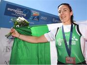 28 May 2017; Denise Walsh of Ireland celebrates with her Silver medal after she finished second in the Lightweight Women's Single Sculls during the European Rowing Championships at Racice in the Czech Republic. Photo by Sportsfile