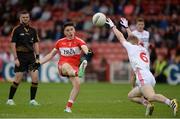 28 May 2017, Conleth McShane of Derry  in action against Conall Grimes of Tyrone  during the Electric Ireland GAA Ulster GAA Football Minor Championship Quarter-Final game between Derry and Tyrone at Celtic Park, in Derry. Photo by Oliver McVeigh/Sportsfile