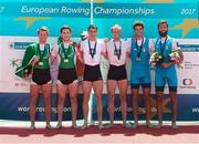 28 May 2017; Gold medallists Pierre Houin and Jeremie Azou of France, centre, silver medallists Gary O'Donovan and Paul O'Donovan of Ireland, left, and bronze medallists Stefano Oppo and Pietro Ruta of Italy after the Lightweight Men's Double Sculls Final during the European Rowing Championships at Racice in the Czech Republic. Photo by Sportsfile