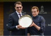 28 May 2017; Trainer Aidan O'Brien and jockey Ryan Moore celebrate with the trophy after sending out Winter to win Tattersalls Irish 1,000 Guineas at Tattersalls Irish Guineas Festival at The Curragh, Co Kildare. Photo by Cody Glenn/Sportsfile
