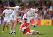 28 May 2017; Carlus McWilliams of Derry in action against Aidan McCrory and Declan McClure of Tyrone  during the Ulster GAA Football Senior Championship Quarter-Final match between Derry and Tyrone at Celtic Park, in Derry.  Photo by Oliver McVeigh/Sportsfile