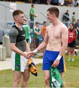 28 May 2017; Seamus O'Carroll of Limerick and Eóin Cleary of Clare exchange a handshake after the Munster GAA Football Senior Championship Quarter-Final between Clare and Limerick at Cusack Park in Ennis, Co. Clare. Photo by Diarmuid Greene/Sportsfile