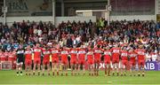 28 May 2017; The Derry team during the national anthem before the Ulster GAA Football Senior Championship Quarter-Final match between Derry and Tyrone at Celtic Park, in Derry.  Photo by Oliver McVeigh/Sportsfile