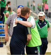 28 May 2017; Clare manager Colm Collins and Limerick manager Billy Lee embrace after the Munster GAA Football Senior Championship Quarter-Final between Clare and Limerick at Cusack Park in Ennis, Co. Clare. Photo by Diarmuid Greene/Sportsfile