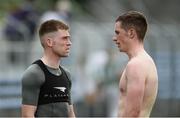 28 May 2017; Seamus O'Carroll of Limerick, left, and Eóin Cleary of Clare in conversation after the Munster GAA Football Senior Championship Quarter-Final between Clare and Limerick at Cusack Park in Ennis, Co. Clare. Photo by Diarmuid Greene/Sportsfile