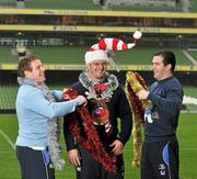 16 December 2011; There will be a Christmas party atmosphere with a record breaking Heineken Cup pool match crowd of over 46,000 people in the Aviva stadium on Saturday evening when Leinster take on Bath. Leinster fans are being asked to wear Christmas jumpers and Santa hats and get in the charity spirit and help raise essential funds for Leinster’s five charities – Welcome Home, Barretstown, Bray Lakers, Action Breast Cancer and St John Ambulance. Tickets for the match are still available from www.leinsterrugby.ie. Pictured getting in the festive spirit are leinster stars, from left to right, Sean Cronin, Nathan White and Shane Jennings whose jumpers were supplied by One4all christmasjumperday.com. Aviva Stadium, Lansdowne Road, Dublin. Picture credit: Brendan Moran / SPORTSFILE