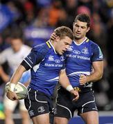 17 December 2011; Ian Madigan, Leinster, is congratulated by team-mate Rob Kearney after scoring his side's seventh try. Heineken Cup, Pool 3, Round 4, Leinster v Bath, Aviva Stadium, Lansdowne Road, Dublin. Picture credit: Stephen McCarthy / SPORTSFILE