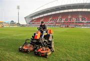 18 December 2011; A member of the ground staff cuts the grass before the game. Heineken Cup, Pool 1, Round 4, Munster v Scarlets, Thomond Park, Limerick. Picture credit: Diarmuid Greene / SPORTSFILE