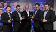 17 December 2011; Leinster players receive a TAG Heuer watch to mark their 50 caps. As well as their victory against Bath on Saturday night at the Aviva stadium, four of the Leinster players have something else to be happy about. Paul Sheeran, the Official Jeweller to Leinster Rugby, presented Eoin Reddan, Fergus McFadden, Mike Ross and Kevin McLaughlin, with a luxury TAG Heuer Aquaracer watch, to celebrate their 50 caps with Leinster Rugby. The watches are specially engraved with the message ‘Celebrating 50 caps with Leinster Rugby’ and each player who reaches their 50 caps this season with Leinster Rugby will receive one. Presenting the watches is Paul Burke, centre, Senior Jewellery Advisor at Paul Sheeran Jewellers, with Leinster players, from left, Eoin Reddan, Fergus McFadden, Kevin McLaughlin and Mike Ross.For further information, contact Evelyn Cullen at Paul Sheeran Jewellers, evelyn@paulsheeranjewellers.ie  . Heineken Cup, Pool 3, Round 4, Leinster v Bath, Aviva Stadium, Lansdowne Road, Dublin. Picture credit: Brendan Moran / SPORTSFILE