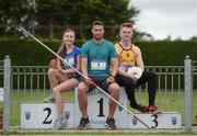 30 May 2017, Brian Gregan International Athlete at 400m, centre, Jodie McCann  of the Institute of Education Dublin who will compete in the Senior Girls 1500m, left, and Darragh Gaffney of St. Finian’s Mullingar who will compete in the Senior Boys Discus, right, at the  launch of the Irish Life Health All-Ireland Schools T&F Championships at Tullamore Harrier Stadium in Tullamore, Co Offaly. Photo by Oliver McVeigh/Sportsfile