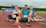 30 May 2017, Brian Gregan International Athlete at 400m, centre, Darragh Gaffney of St. Finian’s Mullingar who will compete in the Senior Boys Discus, left, and Jodie McCann of the Institute of Education Dublin who will compete in the Senior Girls 1500m, right, at the  launch of the Irish Life Health All-Ireland Schools T&F Championships at Tullamore Harrier Stadium in Tullamore, Co. Offaly. Photo by Oliver McVeigh/Sportsfile