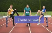 30 May 2017, Brian Gregan International Athlete at 400m, centre, Darragh Gaffney of St. Finian’s Mullingar who will compete in the Senior Boys Discus, left, and Jodie McCann of the Institute of Education Dublin who will compete in the Senior Girls 1500m, right, at the  launch of the Irish Life Health All-Ireland Schools T&F Championships at Tullamore Harrier Stadium in Tullamore, Co. Offaly. Photo by Oliver McVeigh/Sportsfile