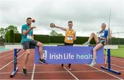 30 May 2017, Brian Gregan International Athlete at 400m, left, Darragh Gaffney  of St. Finian’s Mullingar who will compete in the Senior Boys Discus,centre, and Jodie McCann of Institute of Education Dublin who will compete in the Senior Girls 1500m, right, at the launch of the Irish Life Health All-Ireland Schools T&F Championships at Tullamore Harrier Stadium in Tullamore, Co. Offaly. Photo by Oliver McVeigh/Sportsfile