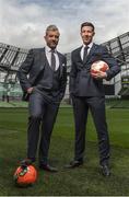 30 May 2017; Stephen Hunt, left, and Sean St Ledger, at the launch of Benetti as the official tailor to the Football Association of Ireland at the Aviva Stadium. Benetti will exclusively design and supply casual and formal wear to the senior Republic of Ireland men’s team until 2020 as part of a three year deal. For more information on Benetti log on to www.benetti.ie. Aviva Stadium, Lansdowne Road, Dublin. Photo by Seb Daly/Sportsfile