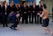 31 May 2017; The British and Irish Lions team captain Sam Warburton receives a traditional Maori welcome on their arrival at Auckland Airport in New Zealand. Photo by Stephen McCarthy/Sportsfile