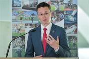 31 May 2017; Minister Patrick O’Donovan TD, Minister of State for Tourism and Sport, speaking during The Federation of Irish Sport Annual Conference 2017 at the Aviva Stadium in Lansdowne Road, Dublin. Photo by Piaras Ó Mídheach/Sportsfile