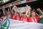 31 May 2017;  Captain TJ Tierney and the Granagh NS, Co Limerick, team lifts the Section A cup during the SPAR FAI Primary School 5s National Finals at Aviva Stadium where girls and boys from 12 counties battled it out for national honours. The 2017 SPAR FAI Primary School 5s Programme was the biggest yet as almost 28,576 children from 1,495 schools took part in county, regional and provincial blitzes nationwide. For further information please see www.spar.ie or www.faischools.ie Photo by Cody Glenn/Sportsfile