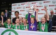 31 May 2017; SPAR FAI Primary School 5s Programme ambassador and former Republic of Ireland International Keith Andrews joins in the celebration as captain Holly Gannon and the players from Drimina NS, Co Sligo, lift the Section A trophy during the SPAR FAI Primary School 5s National Finals at Aviva Stadium where girls and boys from 12 counties battled it out for national honours. The 2017 SPAR FAI Primary School 5s Programme was the biggest yet as almost 28,576 children from 1,495 schools took part in county, regional and provincial blitzes nationwide. For further information please see www.spar.ie or www.faischools.ie Photo by Cody Glenn/Sportsfile