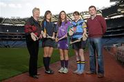 19 December 2011; At the announcement of the National Camogie Third Level Bursaries are recipients Laura Twomey, second from left, DCU and Naomh Mearnog Camogie Club, Co. Dublin, Aine Keogh, Dundalk Institute of Technology and Dunboyne Camogie Club, Co. Meath, and Eileen McElroy, second from right, University College Dublin and Castleblayney Camogie Club, Co. Monaghan, with President of the Camogie Association Joan O’Flynn, left, and Shane D'Arcy, Comhairle Comógaíochta Ard-Oideachais. Croke Park, Dublin. Photo by Sportsfile