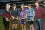 19 December 2011; At the announcement of the National Camogie Third Level Bursaries are recipients Laura Twomey, second from left, DCU and Naomh Mearnog Camogie Club, Co. Dublin, Aine Keogh, Dundalk Institute of Technology and Dunboyne Camogie Club, Co. Meath, and Eileen McElroy, second from right, University College Dublin and Castleblayney Camogie Club, Co. Monaghan, with President of the Camogie Association Joan O’Flynn, left, and Shane D'Arcy, Comhairle Comógaíochta Ard-Oideachais. Croke Park, Dublin. Photo by Sportsfile