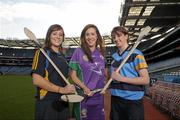 19 December 2011; At the announcement of the National Camogie Third Level Bursaries are recipients Laura Twomey, left, DCU and Naomh Mearnog Camogie Club, Co. Dublin, Aine Keogh, Dundalk Institute of Technology and Dunboyne Camogie Club, Co. Meath, and Eileen McElroy, right, University College Dublin and Castleblayney Camogie Club, Co. Monaghan. Croke Park, Dublin. Photo by Sportsfile