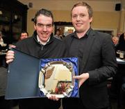 19 December 2011; Keith Wallace, Dundalk FC, who was presented with the website of the year award by President of the Soccer Writers Association of Ireland Daniel McDonnell, right, at the Soccer Writers Association of Ireland Awards. Toner's Bar, Baggot Street, Dublin. Picture credit: David Maher / SPORTSFILE