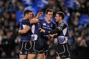 17 December 2011; Luke Fitzgerald, Leinster, second from left, is congratulated by team-mates Rob Kearney, left, Jonathan Sexton and Fergus McFadden, right, after scoring his side's second try. Heineken Cup, Pool 3, Round 4, Leinster v Bath, Aviva Stadium, Lansdowne Road, Dublin. Picture credit: Stephen McCarthy / SPORTSFILE