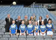 20 December 2011; Representives from the GAA games, back row from left, Uachtarán Chumann Lúthchleas Gael Criostóir Ó Cuana, Pat Quill, President of the Ladies Gaelic Football Association, Joe O'Donoghue, President of the Rounders Association, Sinead O'Connor, Ard Stiúrthoir of the Camogie Association, Eavan Mulligan, Operations Manager of the Handball Association, and Jim Geraghty, Senior Brand Manager, Lucozade Sport, with youth players, from left, Barry Neville, age 14, Conor Gibney, age 14, Colin McGuinness, age 14, Clare Nulty, age 13, all from Castleknock GAA Club, Éabha Rutledge, age 15, and Catherine Hayes, age 16, both from Kilmacud Crokes, in attendance at the GAA Games Development Conference  Launch. The Conference will take place on January 14th 2012 in Croke Park. Following on from the success of the 2010 Conference - which focused on issues related to the development of the child layer - the 2011 Conference will focus on issues related to the Youth Player (aged 13 - 18 years). Croke Park, Dublin. Picture credit: Brian Lawless / SPORTSFILE